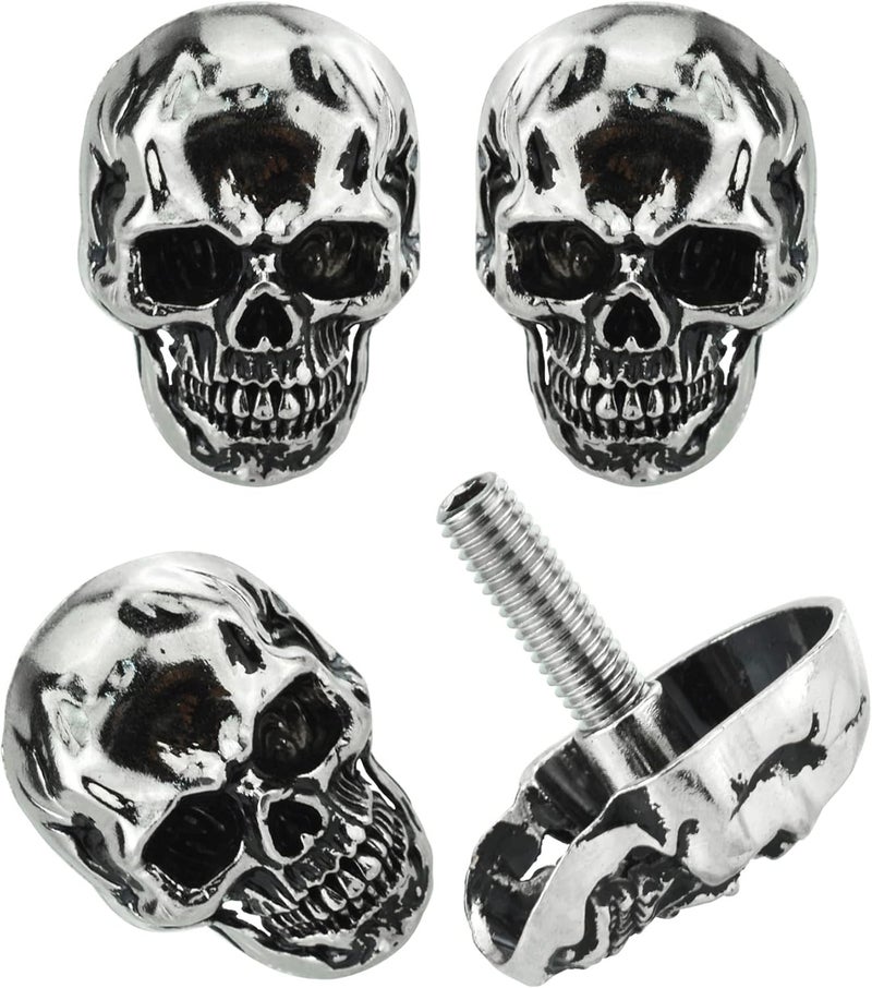 Abfer Skull License Plate Screws Cover Anti Theft License Plate Screw Frame Bolt Kit Decorative Fit for Most Vehicle Motorcycles Trucks (Silver) - Image 1